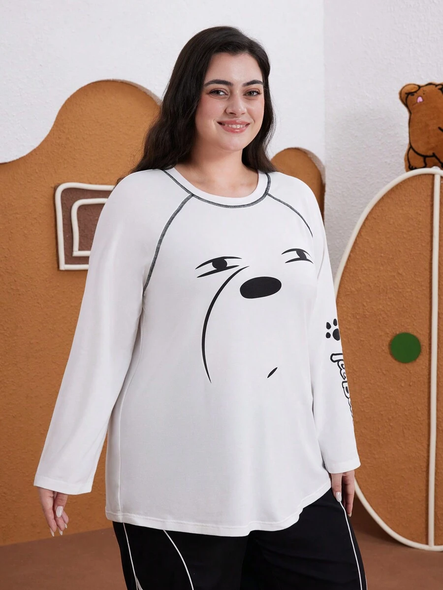We Bare Bears X SHEIN Große Größen Lässig süßer Bär Muster Rundhals Langarm Raglan Kontrast Saum T-Shirt, für Herbst/Winter - Weiss - Übersicht 1