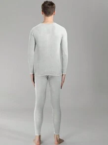 2pcs/Set Men's Round Neck Long Sleeve Solid Color Base Layer Thermal Tops - Multicolor - View 2
