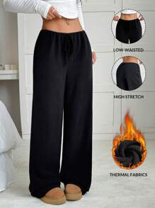 SHEIN EZwear Quần nỉ ống đứng rộng rãi màu trơn buộc eo cho nữ - màu đen - Xem 3