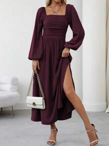 SHEIN Clasi Đầm Maxi Nữ Tay Dài Cổ Vuông Xếp Ly Xẻ Cao, Màu Trơn, Trang Phục Nữ - Màu Tím - Xem 6