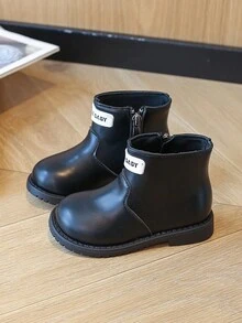 1 双黑色侧拉链时尚女童靴，舒适百搭户外儿童鞋 - 黑色 - 查看 3