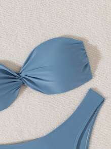 女士纯色扭纹细节比基尼套装，海滩风格夏季