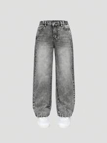 SHEIN Tween Girl Light Washed Casual Straight Leg Denim Jeans, Simple And Versatile - Dark Grey - View 9