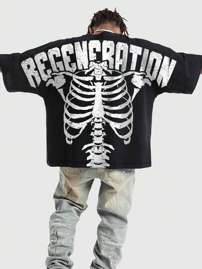 Street Life Men's Casual Loose Skeleton & Letter Print Short Sleeve T-Shirt, Summer, Halloween