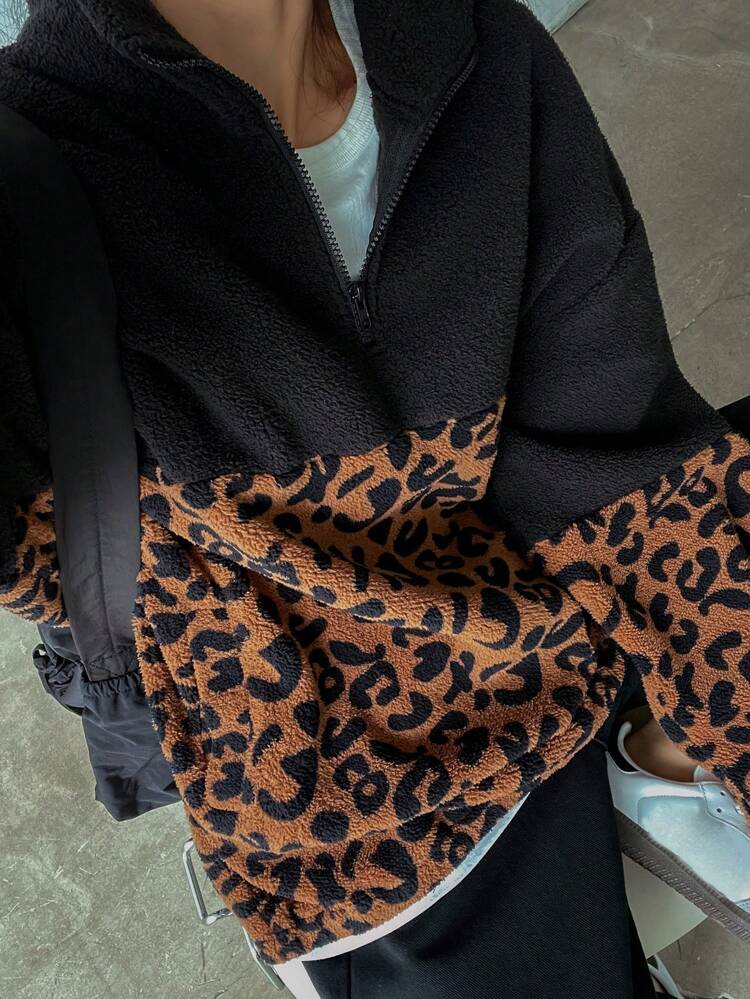 Women Leopard Print Patchwork Sheepskin Furry Pullover Hoodie With Half Zip Up Collar Cheetah Print Sweatshirt