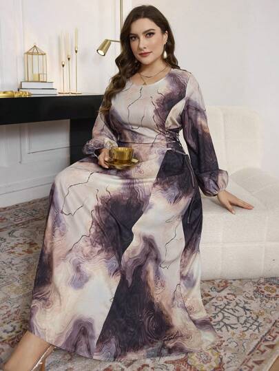 Modelyn Plus Size Elegant Marble Print Lantern Sleeve Side Tie Waist Flare Hem Dress, Spring Autumn Maxi Women Outfit Long Evening Dresses Fall Cloth For Women