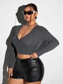 SHEIN ICON 大码女式秋季纯色长袖短款修身深 V 领 T 恤 - 深灰色 - 查看 4