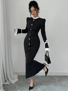 Gloray Women's Ruffle Stand Collar Flared Sleeve Fitted Fishtail Hem Elegant Long Dress, Autumn/Winter Maxi Women Outfit