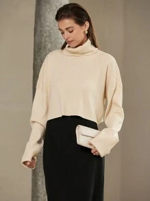 SHEIN Privé Minimalist Fashion High Neck Loose Long Sleeve Pullover Sweater, Knit Pullover Fall Winter - Khaki - View 3