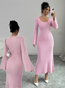 Chiquease Solid Color Long Loose Elegant Bell Sleeve Maxi Sweater Dress, Pink, For Autumn