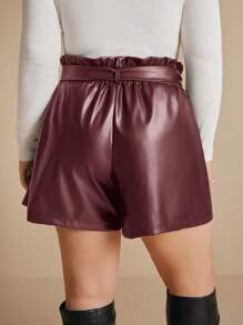 SHEIN Frenchy Plus Size Solid Color Front Tie Pocket Pleated Simple Casual Shorts - Burgundy - View 2