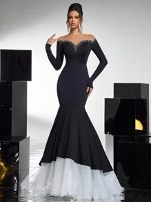 Glamrae Elegant Black Mesh Inset Bodice, Luxuriously Embellished With Rhinestones, Fitted Silhouette, Fishtail Mesh Hem, Black & White Contrast Gothic Informal Wedding Gown, Formal Evening Dress, Long Sleeve Prom Dress, For Wedding Guest, Graduation, Dinner, Party Dress