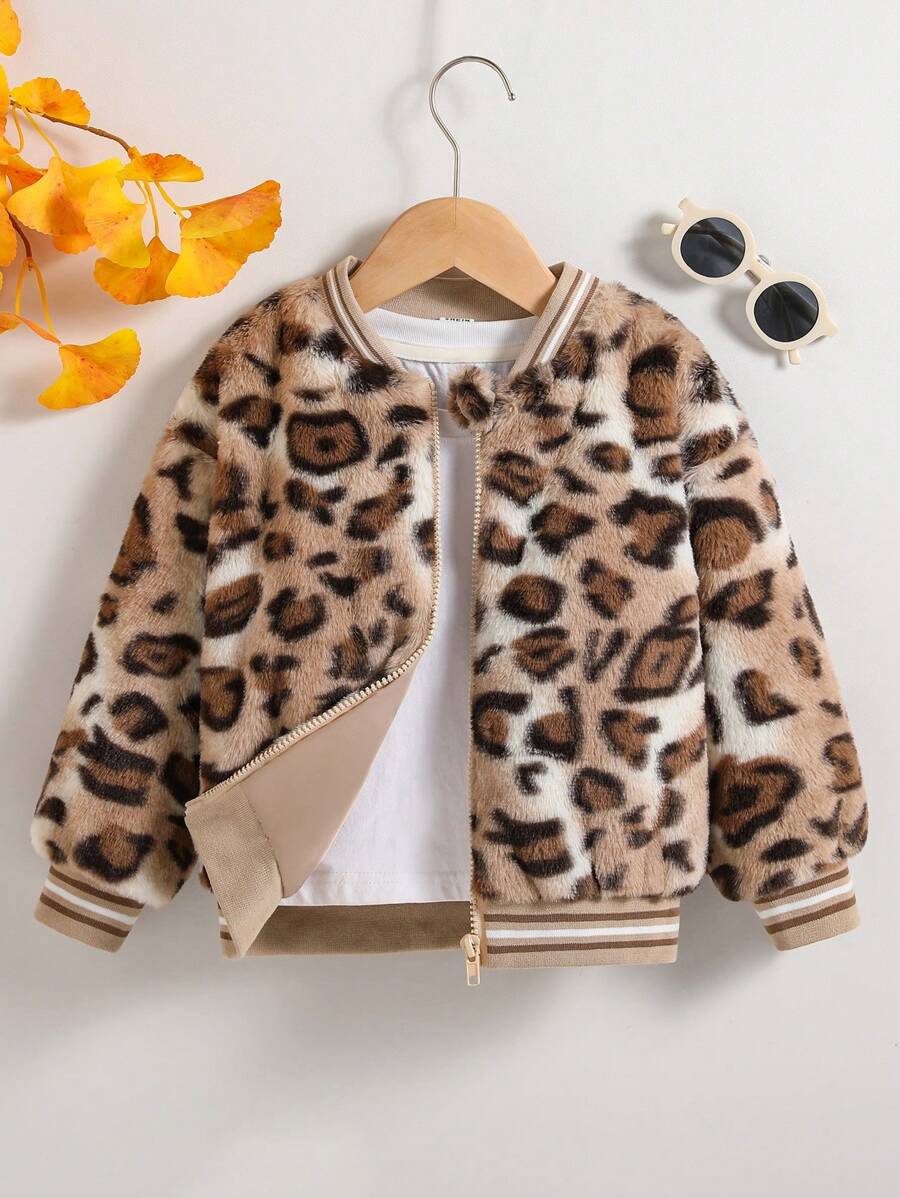 SHEIN Young Girl Cute Elegant Sweet Fashion Leopard Fluffy Jacket, Suitable For Autumn/Winter, Daily Wear, Parties, Festivals, Outings, School