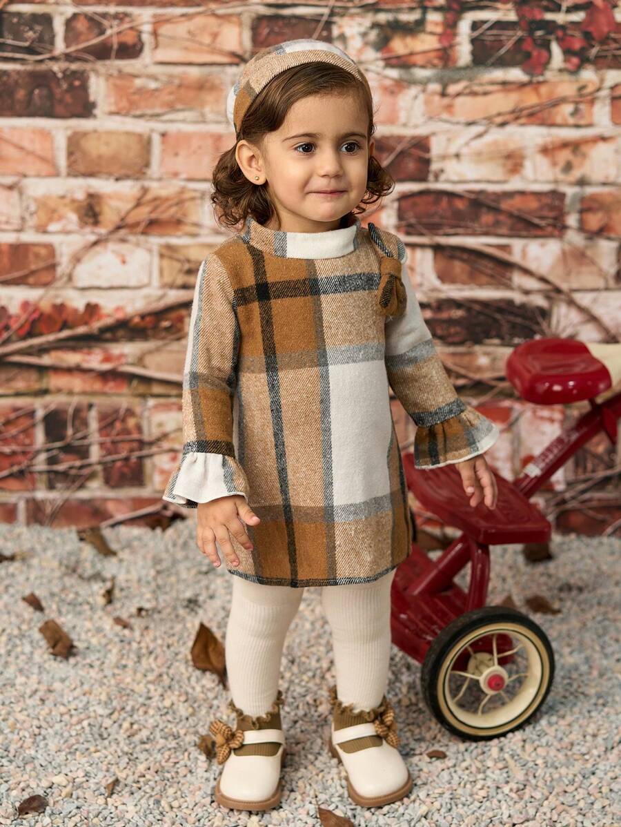 女婴休闲格子蝴蝶结装饰喇叭袖连衣裙，秋季 - 卡其色 - 查看 1