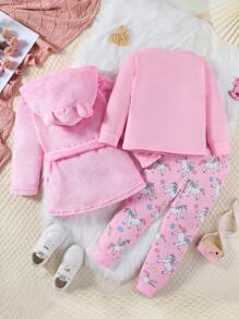 SHEIN Playful Pals 3件套女童可爱独角兽印花睡衣套装，粉色底长袖上衣、长裤和毛绒开衫，秋冬季 - 粉色 - 查看 2