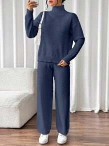 EMERY ROSE 2pcs Set Casual Solid Color Stand Collar Sweater & Pants, Autumn/Winter Fall Cloth For Women