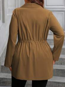 Vionelle 女式加大码纯色翻领长袖抽绳腰休闲宽松夹克，秋季 - 棕色 - 查看 2