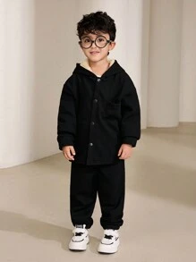 SHEIN 2 件装年轻男孩纯色前扣长袖连帽衫和裤子休闲套装 - 黑色 - 查看 9