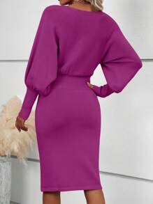 SHEIN Clasi 女士纯色圆领羊腿袖优雅毛衣连衣裙，秋冬 - 紫色 - 查看 2