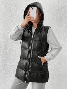 SHEIN Essnce Black Hooded Leather Down& Feathers Jacket With Double Pockets, Zipper, Windproof And Warm, 50% Filled Down& Feathers Down& Feathers Jacket, Side Slits, Metal Buckle, Adjustable Mid-Length Down& Feathers Jacket