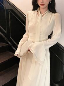 DAZY Solid Color V-Neck 3D Floral Decor Midi Dress For Women, Birthday Prom Dress,Ruffle,Fall Clothes Long Sleeve Dress Elegant Women Dresses - Beige - View 1