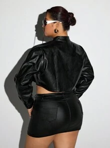 SHEIN ICON Plus Size Women Solid Color Eyelets & Ribbon Decor Cropped Casual PU Jacket For Autumn - Black - View 2