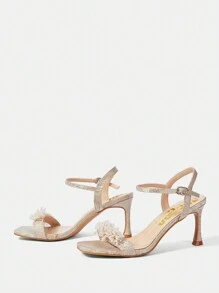 CUCCOO HITCHD Square Toe Pearl Embellished High Heel Sandals, Beige, For Wedding Party Events - Beige - View 3