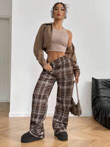 SHEIN Unity 复古休闲宽松踝长撞色格子羊毛运动裤，秋冬