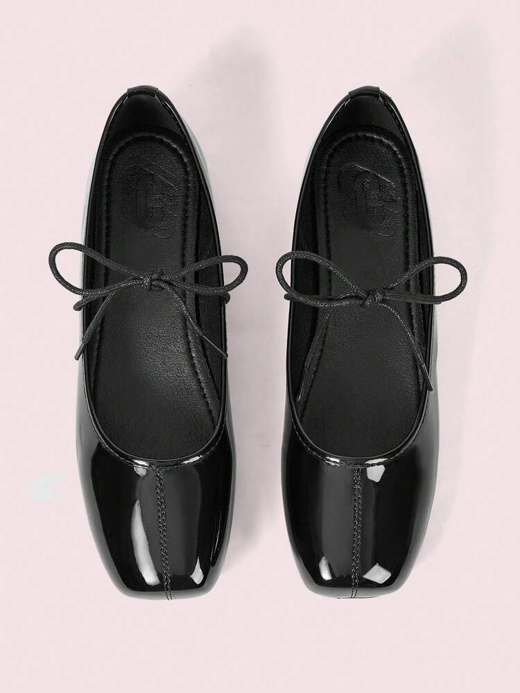 CUCCOO DOLLMOD Women Square Toe Flat Black PU Leather Minimalist Casual Comfortable Lace-Up Dress Shoes Suitable For Daily And Party Occasions