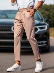 Manfinity Bizformal 男士斜口袋褶皺細節西裝褲 - 玫紅色 - 查看 6