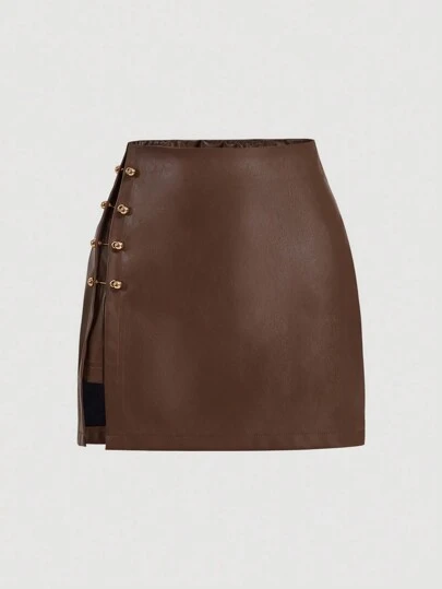 SHEIN MOD 大码棕色侧开衩金属边人造皮革 A 字型外出复古半身裙，秋季性感皮裙