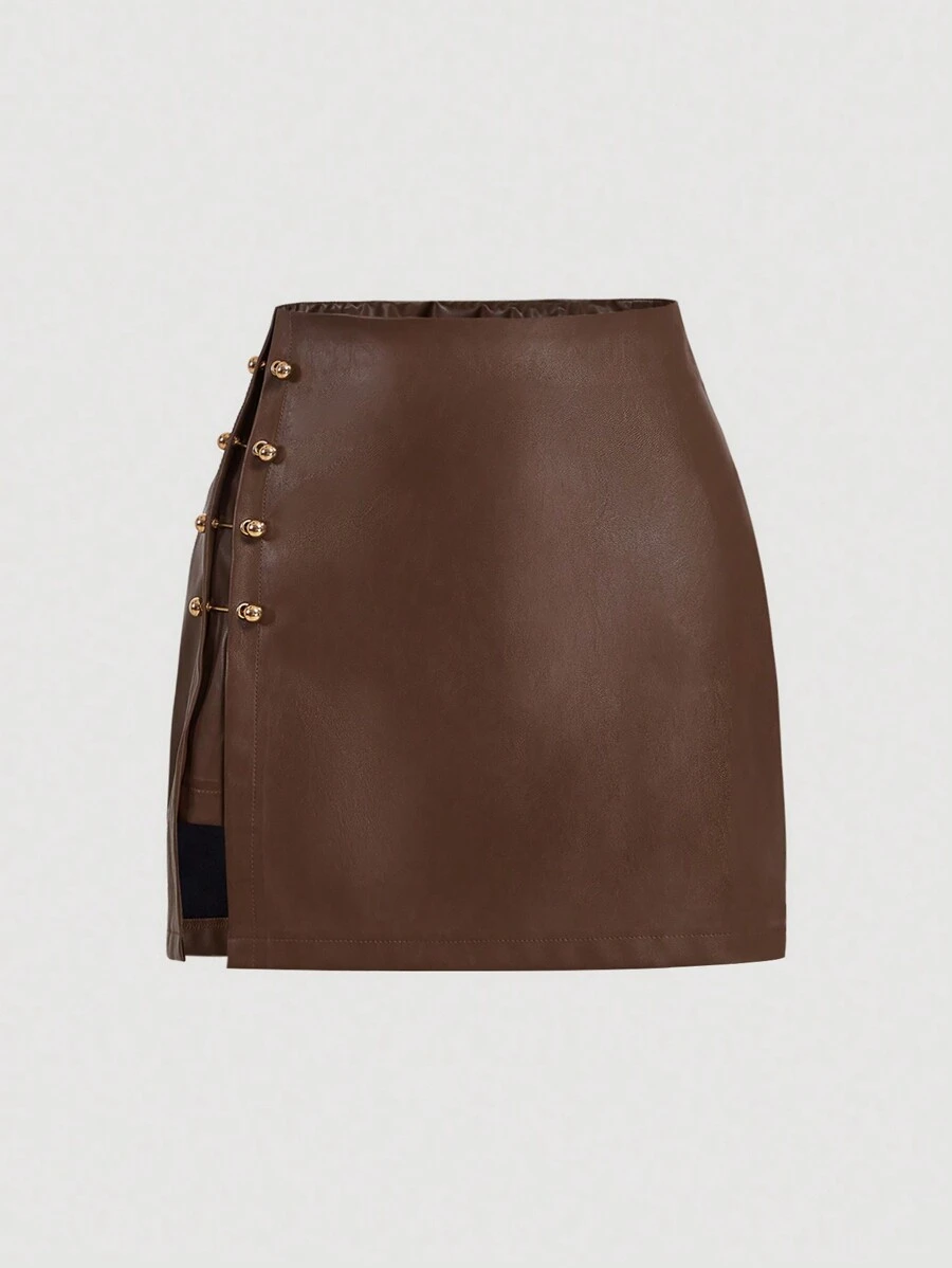 SHEIN MOD Saia Vintage de Couro Sintético Linha A Marrom Plus Size com Recorte Lateral e Recorte Metálico, Saia de Couro Sexy de Outono