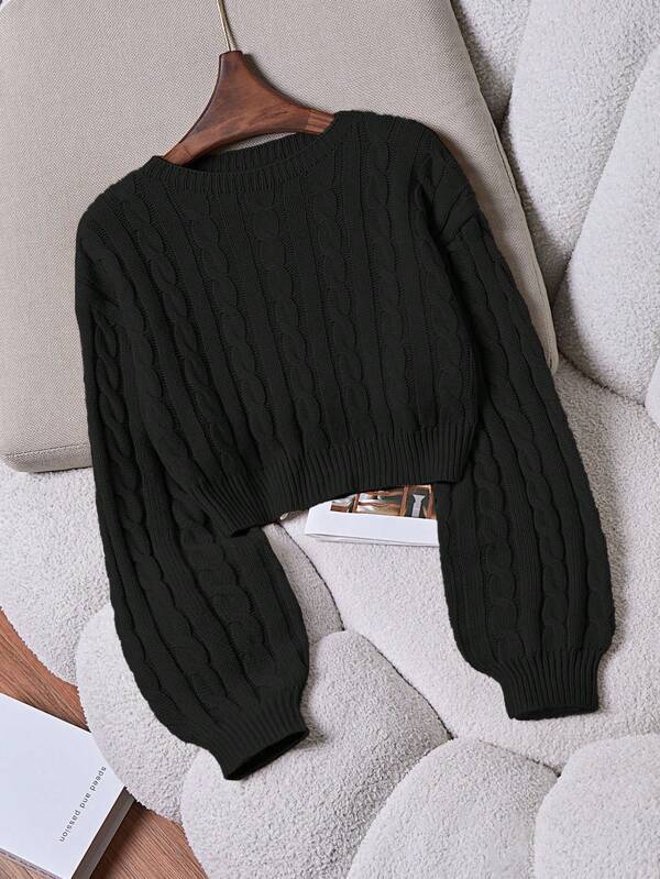 Franclia Women Casual Solid Color Dropped Shoulder Drop Shoulder Cable Knit Cropped Sweater,Long Sleeve Tops