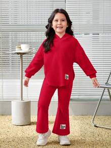 Leap Crew 2pcs/Set Young Girl Toddler Coordinating Hoodie Sweatshirt With Asymmetrical Hem And Pants - Red - View 7