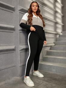 SHEIN LUNE 2pcs Plus Size Solid Color Contrast Zip-Up Hoodie Top And Pants Casual Set Winter Clothes