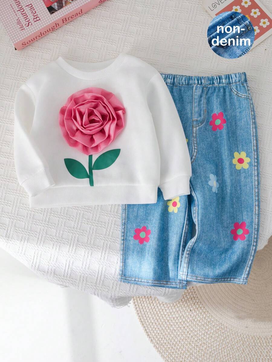 SHEIN Leap Crew 2 件装女婴可爱白色花卉刺绣运动衫和蓝色花卉松紧腰裤套装，秋冬 - 白色 - 查看 1