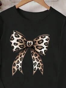 SHEIN 2 件女童休闲蝴蝶结豹纹纯色长袖上衣和裤子睡衣套装 - 黑色 - 查看 3