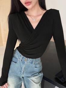 DAZY Women Casual Solid Color Warm Thermal Lined Crossover T-Shirt, Autumn