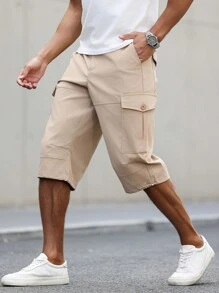 Manfinity Homme Quần short nam màu trơn có túi phong cách đơn giản Quần short thời trang giản dị, trang phục hàng ngày - Màu Khaki - Xem 1