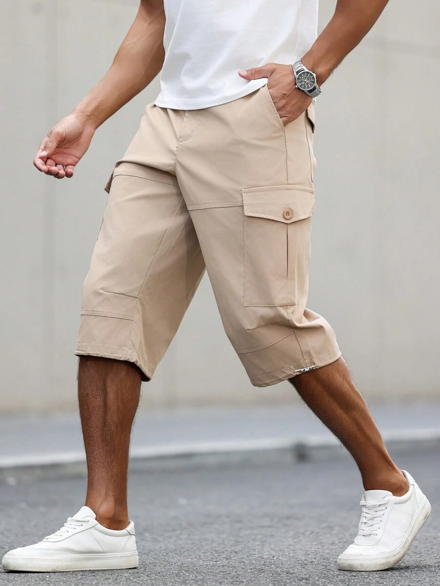 Manfinity Homme Quần short nam màu trơn có túi phong cách đơn giản Quần short thời trang giản dị, trang phục hàng ngày - Màu Khaki - Xem 1