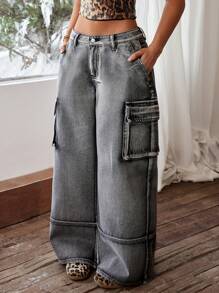 SHEIN ICON Women's Washed Vintage Wide-Leg Cargo Jeans