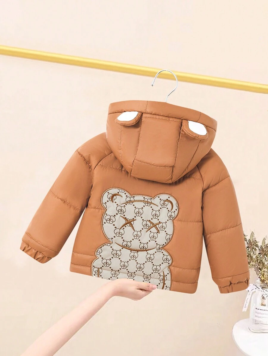 Baby Girl Winter White Brown Jacket,Cute Bear Embroidery 3D Ear Hooded Thick Coat - Brown - View 1