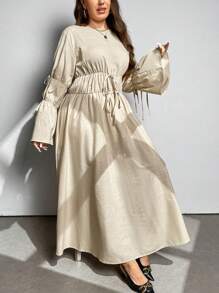 SHEIN Privé Plus Size A-Line Ruched Waist Long Sleeve Round Neck Dress - Apricot - View 5