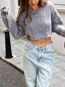 SHEIN Essnce Damen Loose Fit Oversized Crew Neck Kurzer Strickpullover, Herbst/Winter Strickpullover - Grau - Übersicht 5