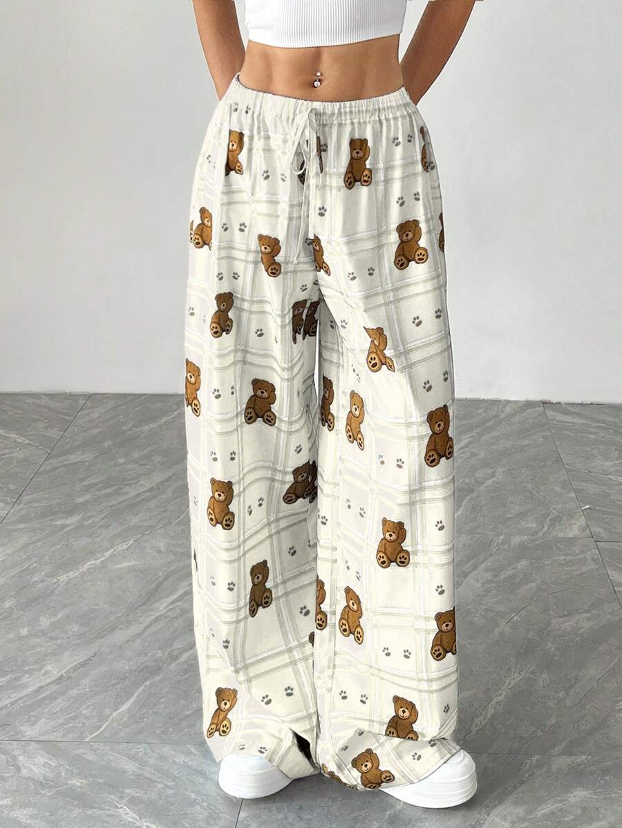 SHEIN EZwear 女士格子卡通熊印花抽绳腰阔腿休闲裤 - 杏色 - 查看 1