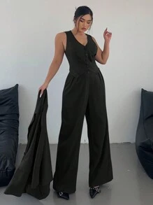Vibekara 3-Piece Set: Plus Size Lapel Collar V-Neck Vest And Straight Leg Pants, Commuter Style In Dark Gray Fall Cloth For Women Autumn - Black - View 5