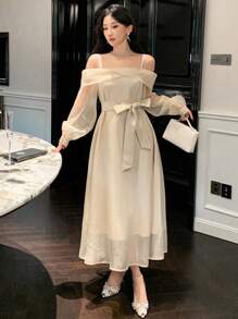DAZY Women's Off Shoulder Solid Color Mid-Length Mesh Dress,Elegant Beige Autumn Party Prom Dress,Long Sleeve Birthday New Year Eve Back To School Clothes - Beige - View 9