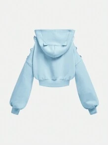 SHEIN Girlism 少女露背露肩印花卫衣，带耳朵设计，休闲纯色，秋冬季款 - 淺藍色 - 查看 2