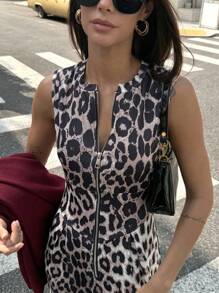 Chiquease Women's Casual Leopard Print Zipper Sleeveless Dress - Coffee Brown - View 3