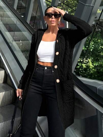 EURMUSE Women Casual Solid Color Dual Pockets Hooded Cardigan, Autumn/Winter